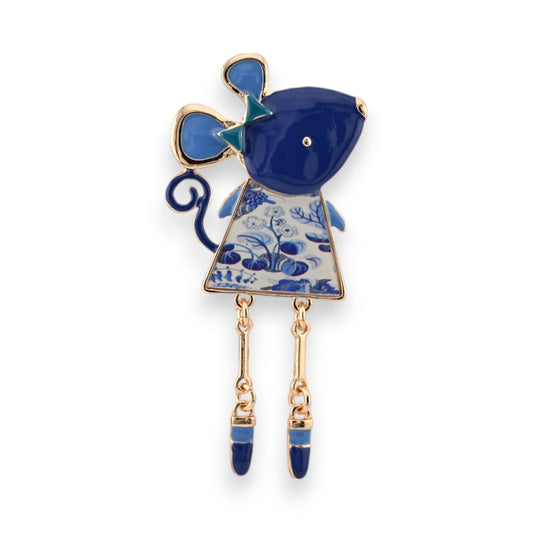 Magnetische Mäuse-Brosche aus Goldmetall in tiefem Blau mit weißen Porzellan-Mustern, 7,5 cm hoch