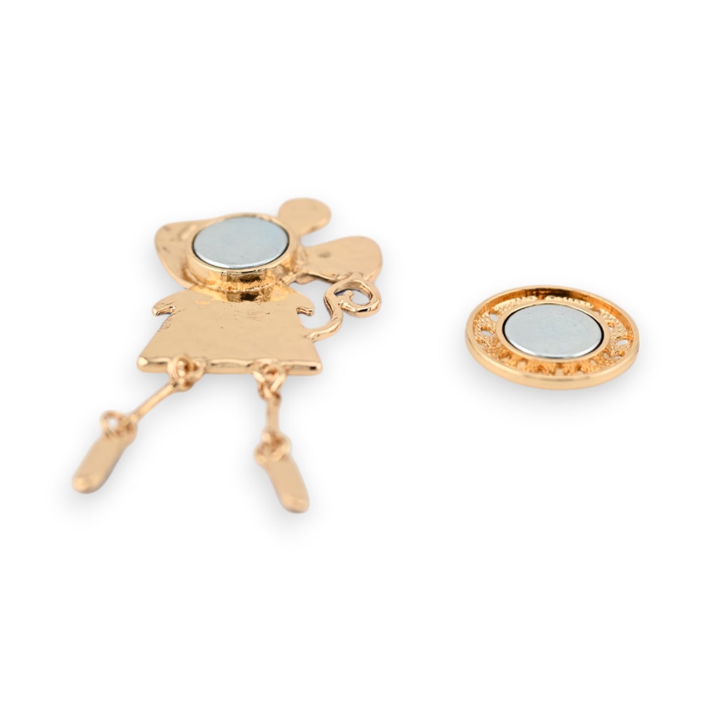 Magnetische Mäuse-Brosche aus Goldmetall in tiefem Blau mit weißen Porzellan-Mustern, 7,5 cm hoch