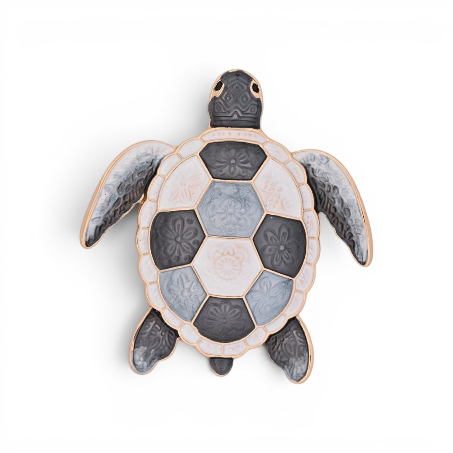 Magnetische Schildkröten-Brosche mit floral emailliertem Panzer in Grau, Weiß und Gold