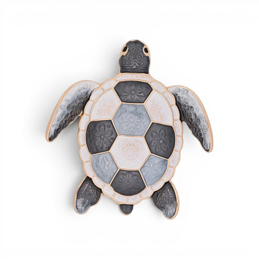 Magnetische Schildkröten-Brosche mit floral emailliertem Panzer in Grau, Weiß und Gold