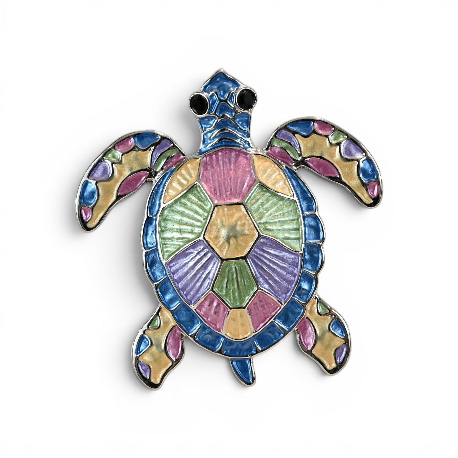 Magnetische Schildkröten-Brosche als fein gezeichnete Meeresschildkröte in lebendigen Farben, 6 cm
