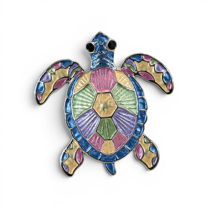 Magnetische Schildkröten-Brosche als fein gezeichnete Meeresschildkröte in lebendigen Farben, 6 cm