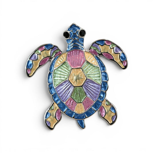 Magnetische Schildkröten-Brosche als fein gezeichnete Meeresschildkröte in lebendigen Farben, 6 cm