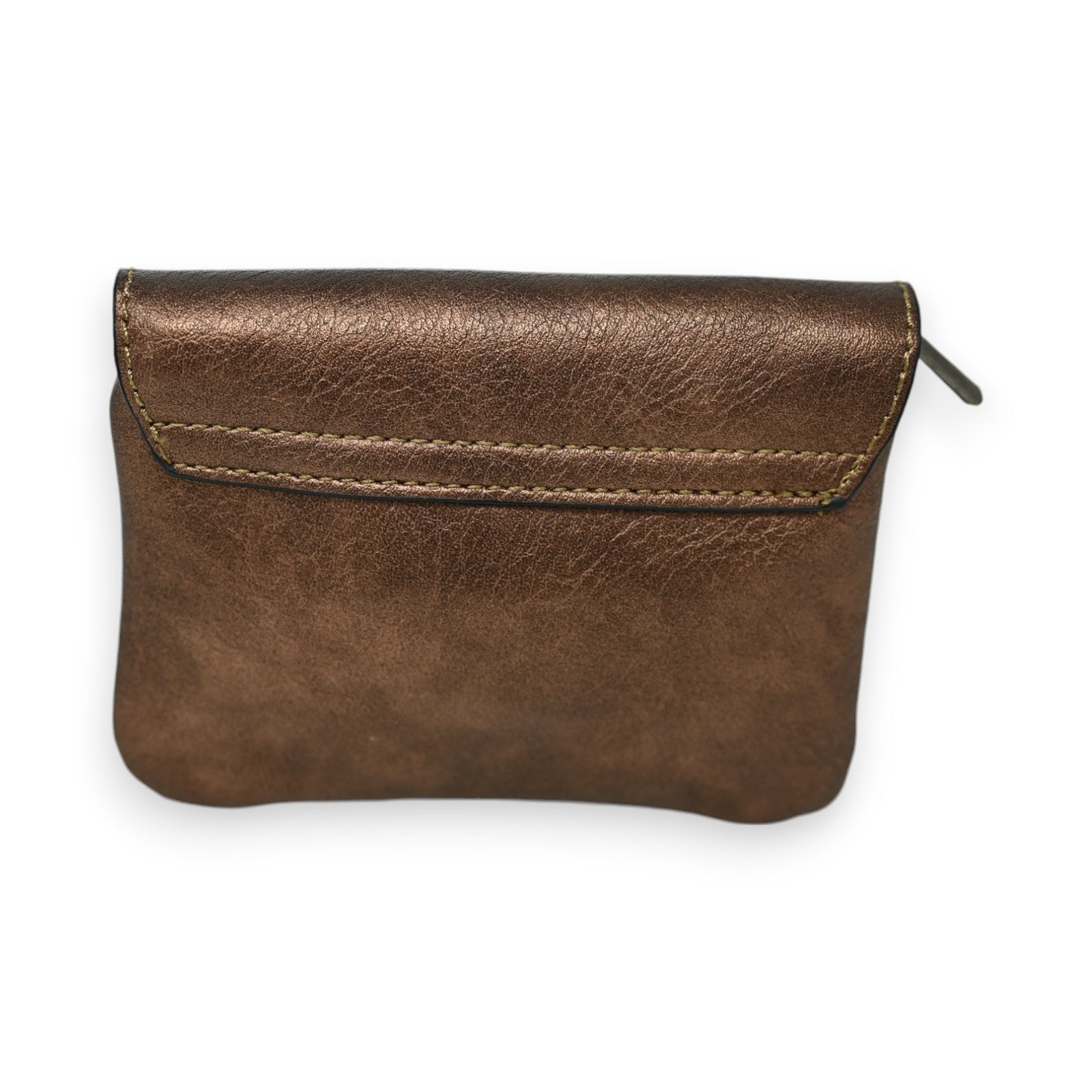 Bronzefarbene Ledergeldbörse mit genähter Klappe, kompaktes Design für Münzen und Scheine, elegantes Accessoire