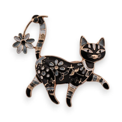 Magnetische goldene emaillierte schwarze Katzen-Brosche mit Blume