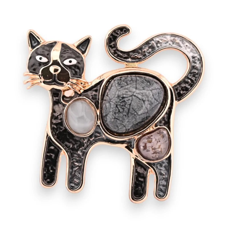 Magnetische Goldene Schwarze Katzen-Brosche mit Fantasiesteinen
