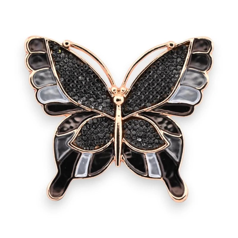 Magnetische Schmetterlings-Brosche aus goldenem und schwarzem Metall mit Strass