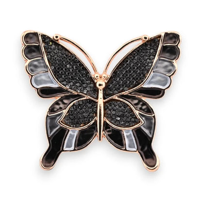 Magnetische Schmetterlings-Brosche aus goldenem und schwarzem Metall mit Strass
