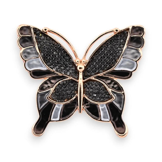 Magnetische Schmetterlings-Brosche aus goldenem und schwarzem Metall mit Strass