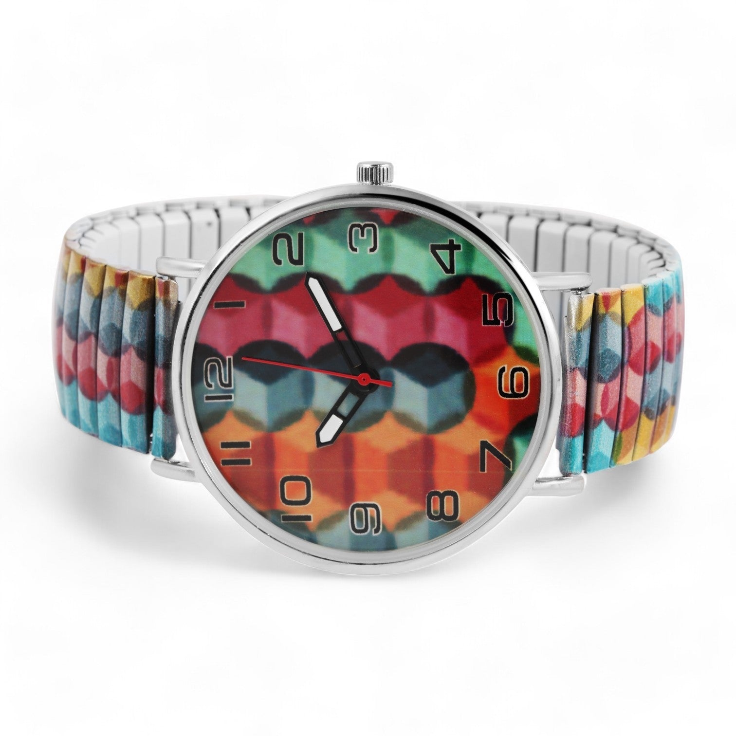 Bunte Armbanduhr mit geometrischem Muster auf Zifferblatt und Armband, silbernes Gehäuse, analoge Anzeige