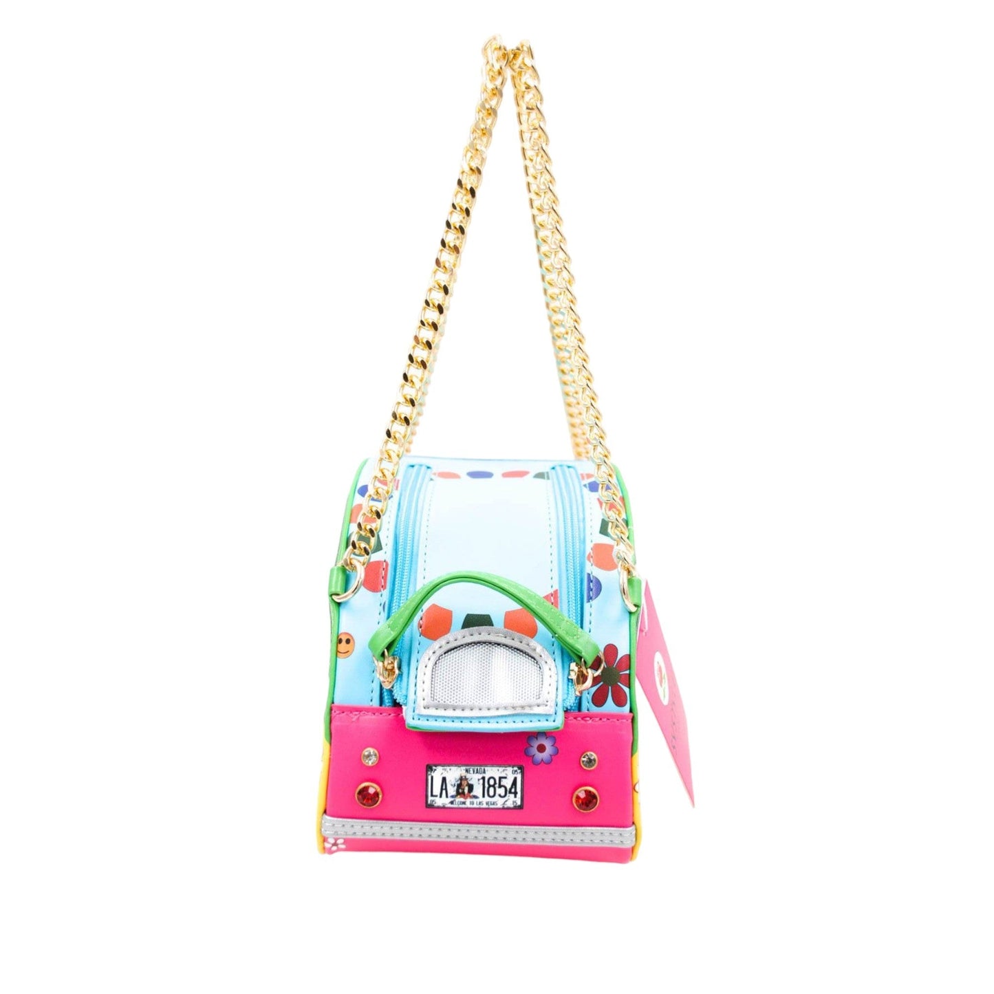 Bunte Auto-Handtasche mit goldfarbener Kette, Blumenmuster, Emojis und Nummernschild, mehrfarbiges Design