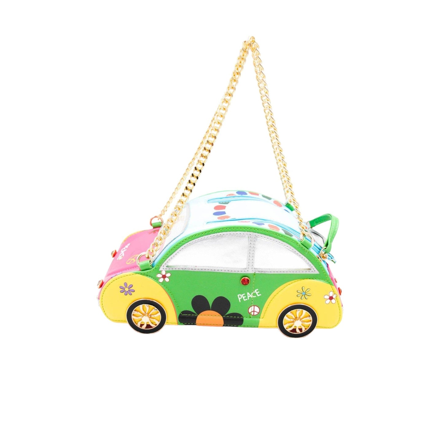 Bunte Auto-Handtasche mit Peace-Zeichen, Blumen und Goldkette. Grün, gelb, pink und weiß. Hippie-Style Accessoire.