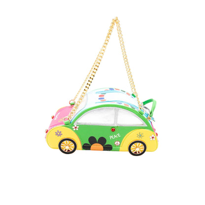 Bunte Auto-Handtasche mit Peace-Zeichen, Blumen und Goldkette. Grün, gelb, pink und weiß. Hippie-Style Accessoire.