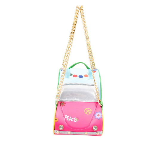 Bunte Handtasche im Auto-Design mit Peace-Symbol, Blumen und Goldkette, für Kinder oder jugendlichen Hippie-Stil