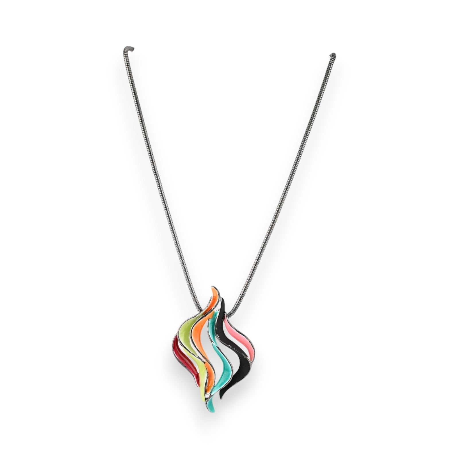 Elegante Halskette mit mehrfarbigem, flammenförmigem Anhänger aus Emaille auf silberner Kette, modernes Design