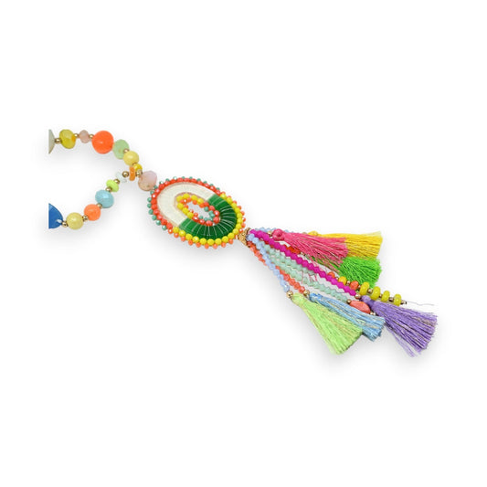 Bunte Halskette mit ovalem Medaillon, farbigen Perlen und Quasten in verschiedenen Farben, handgefertigter Schmuck