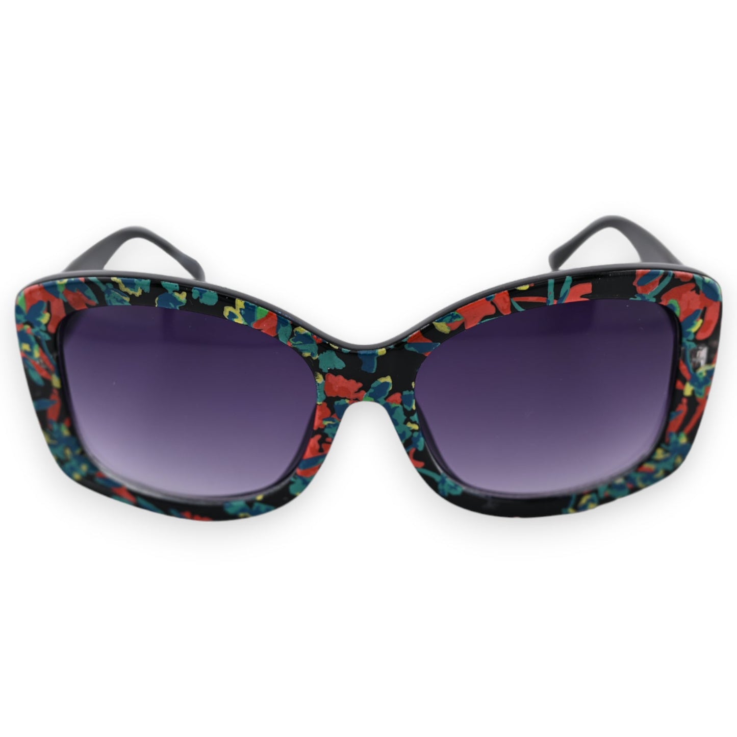 Sonnenbrille mit buntem Blumenmuster-Rahmen und violetten Gläsern, rechteckige Form, modischer Sommerstil