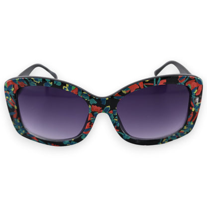 Sonnenbrille mit buntem Blumenmuster-Rahmen und violetten Gläsern, rechteckige Form, modischer Sommerstil