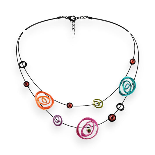 Modische Halskette mit bunten Spiralen und Perlen auf schwarzem Draht, mehrfarbiges Design von Ikita, moderner Schmuck