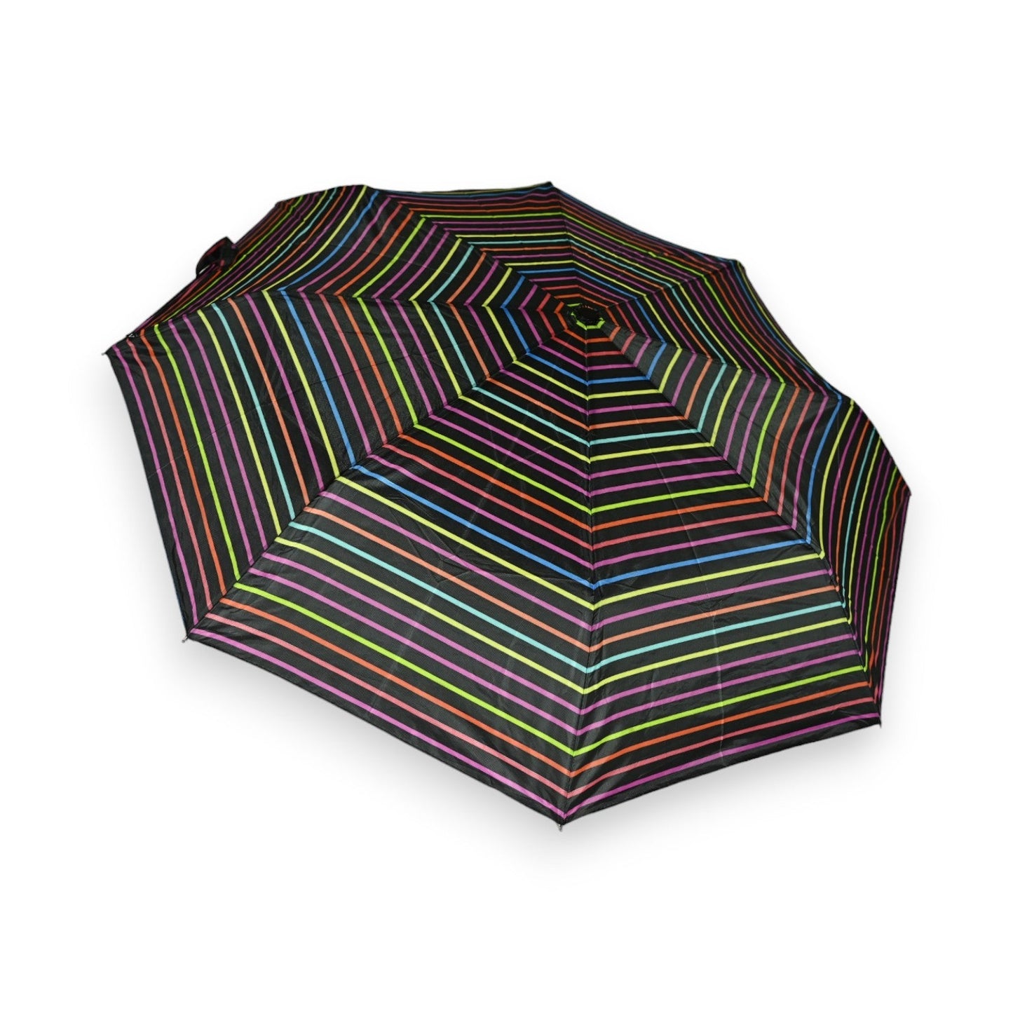 Faltbarer Regenschirm mit buntem Streifenmuster in Neonfarben auf schwarzem Hintergrund, modern und auffällig