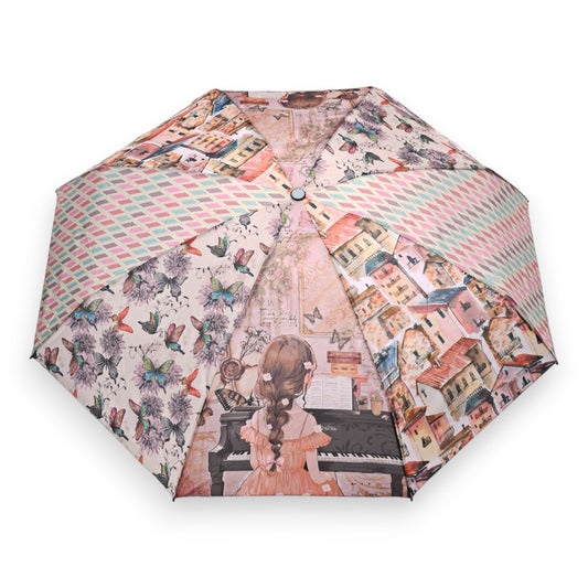 Regenschirm mit künstlerischem Muster: Schmetterlinge, Blumen, Stadtbild und Mädchen am Klavier in pastellfarbenen Tönen