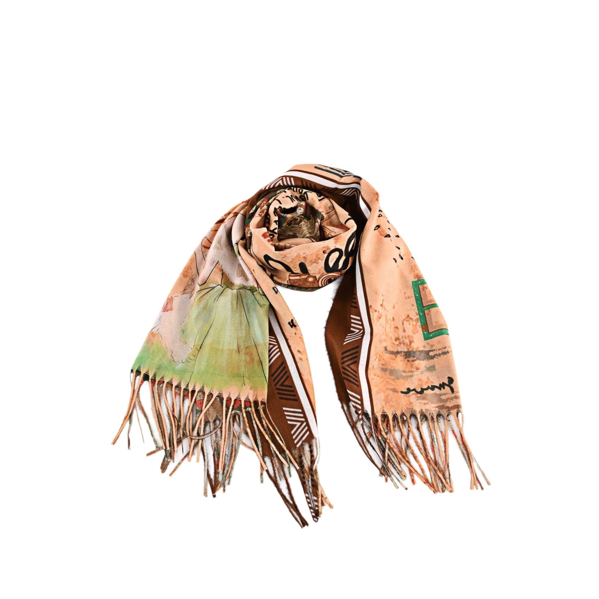 Bunter Schal mit abstraktem Muster in Pastelltönen, Fransen und verschiedenen Texturen, ideal für Herbst und Winter