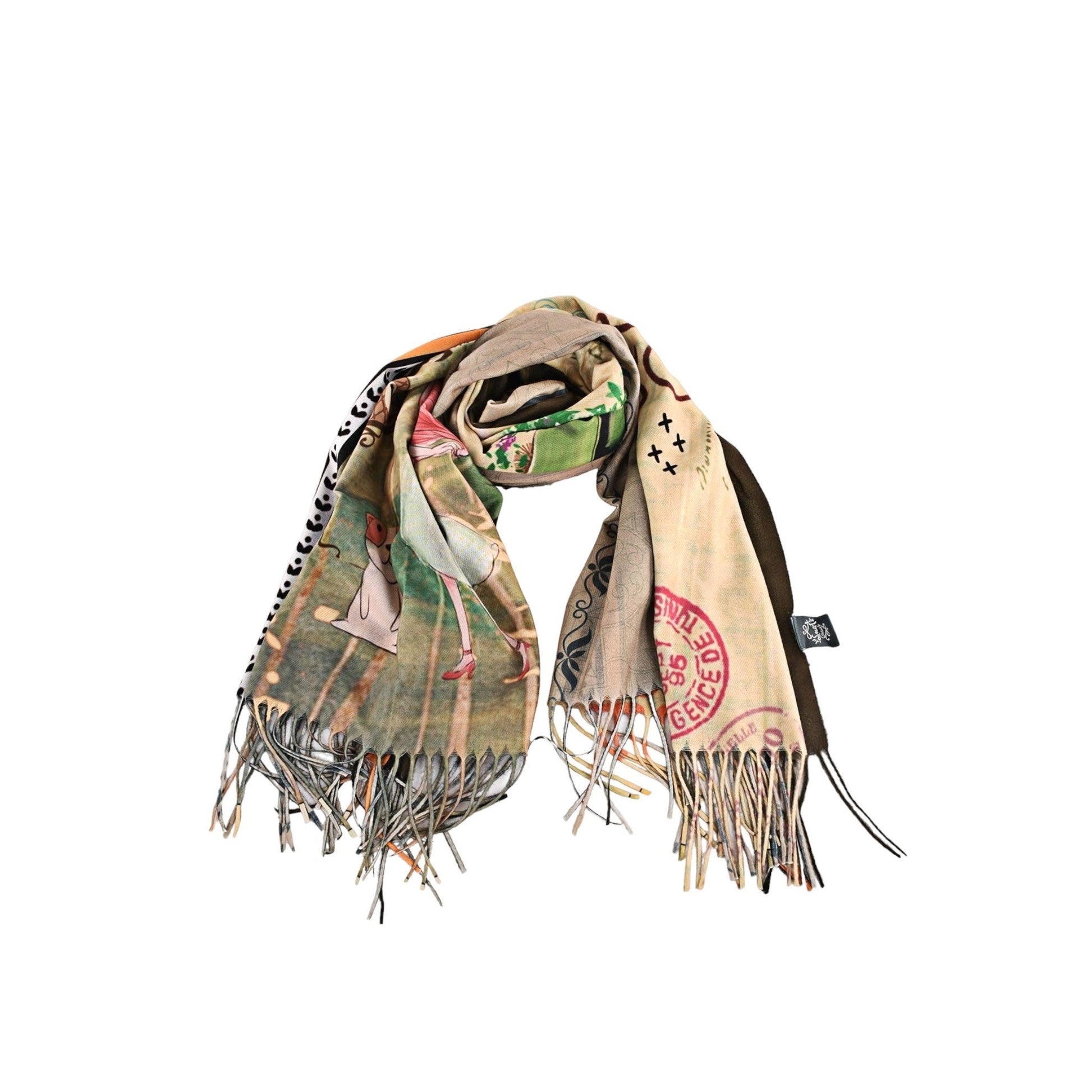 Bunter Schal mit Tauben-Motiv, Fransen und Vintage-Stempel. Vielfarbiges Design mit Beige, Grün und Rosa-Tönen.