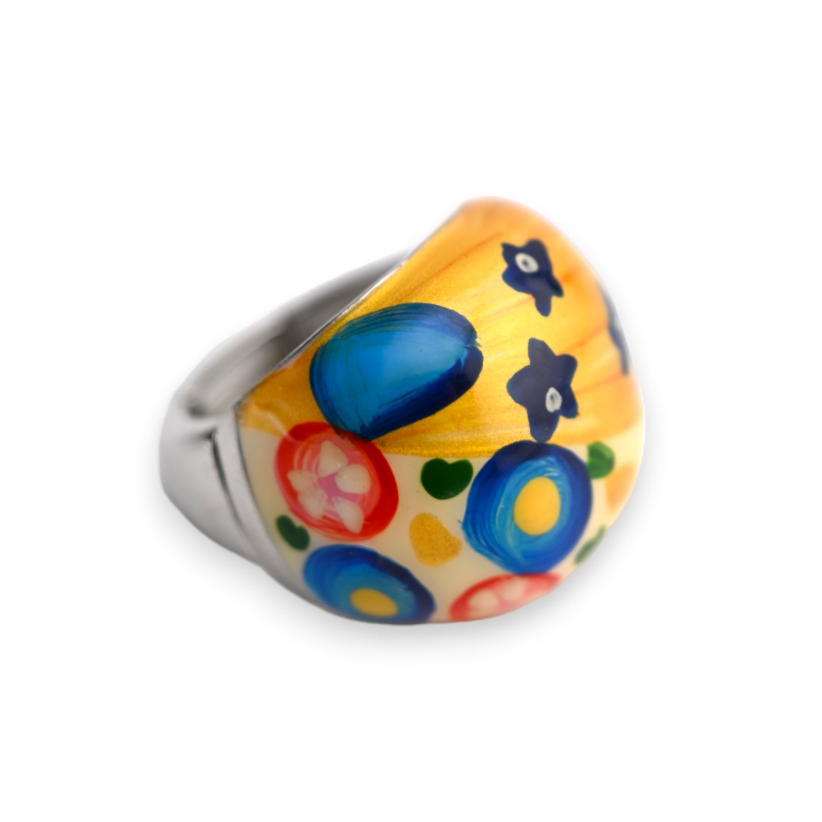 Bunter silberner Ring mit handgemaltem Blumenmuster, blauen Kreisen, roten Blüten und gelben Sternen auf gelbem Grund