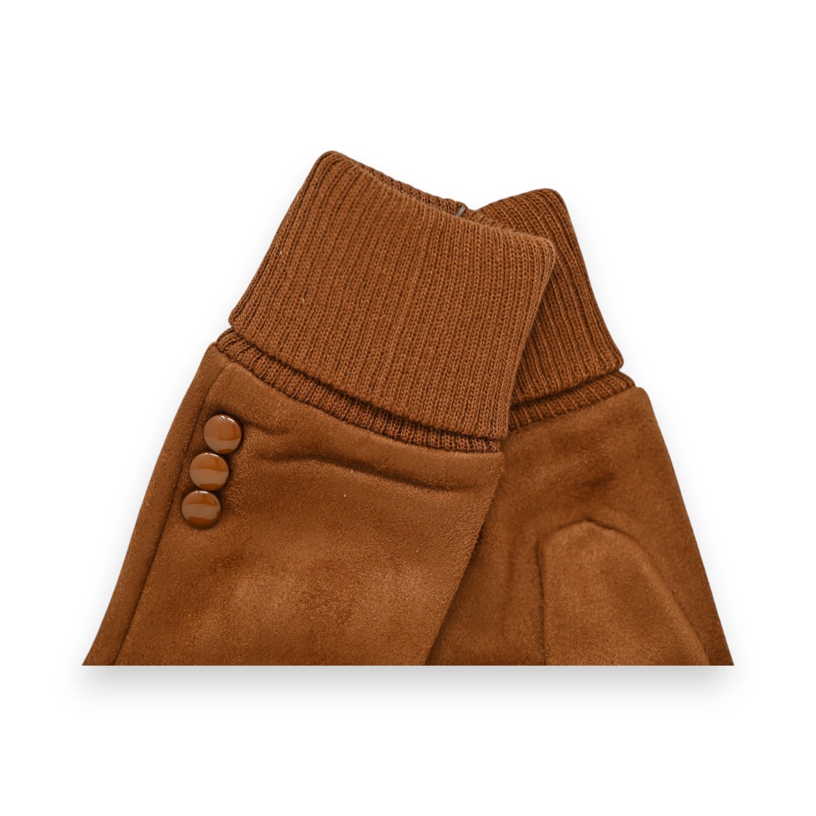 Elegante Handschuhe aus Wildleder und Strick in Camelfarben mit dekorativen Knöpfen am Handgelenk