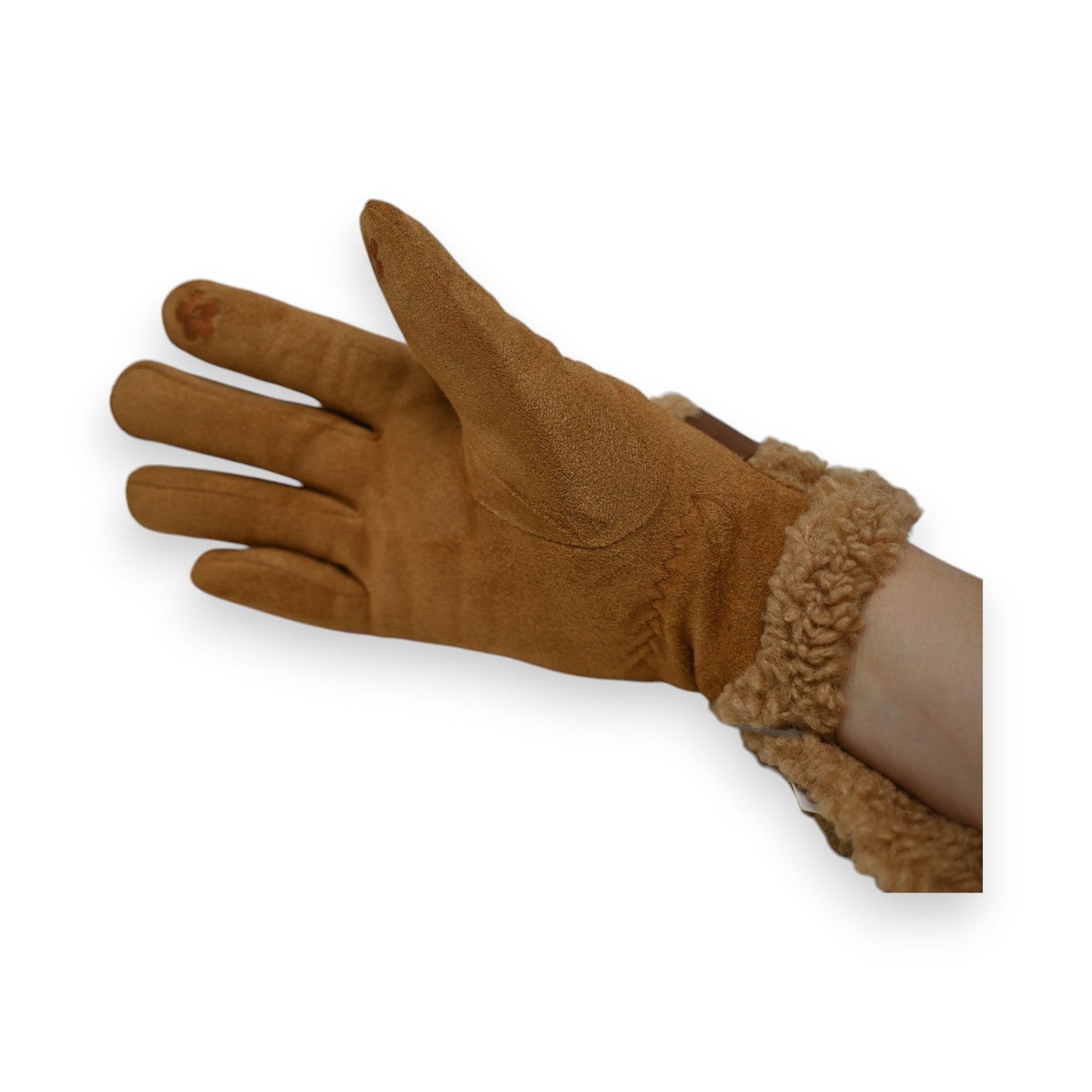 Warmer Handschuh aus braunem Wildlederimitat mit flauschigem Plüschfutter am Handgelenk, auf weißem Hintergrund