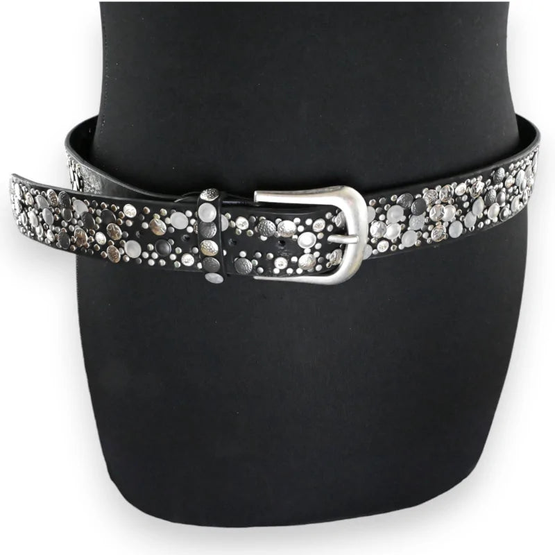 Ceinture femme fine aus Leder schwarz mit clous silbers und boucle Metallllique brillante