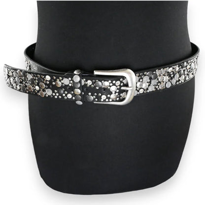 Ceinture femme fine aus Leder schwarz mit clous silbers und boucle Metallllique brillante