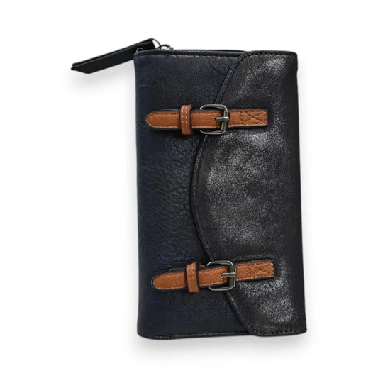 Damen-Geldbörse aus marinblauem Leder, glänzende Klappe, zwei braune Schnallen, Reißverschluss...