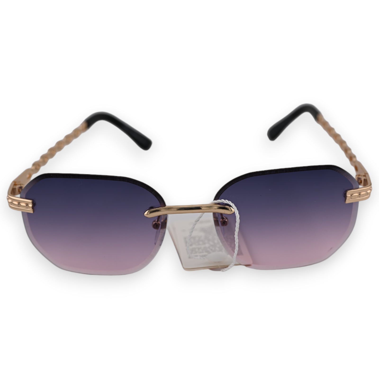 Stylische Sonnenbrille mit goldenem Rahmen und lila-rosa verlaufenden Gläsern, randlos, mit texturiertem Bügel