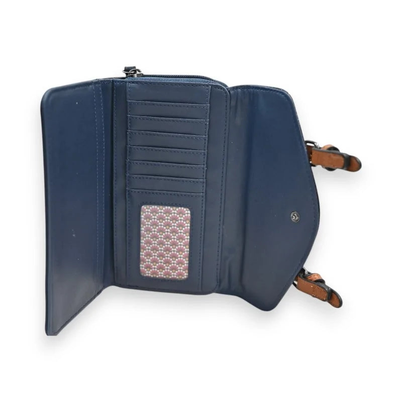 Damen-Geldbörse marineblau mit glänzendem Überschlag, Innenteil mit Fächern und Verschluss