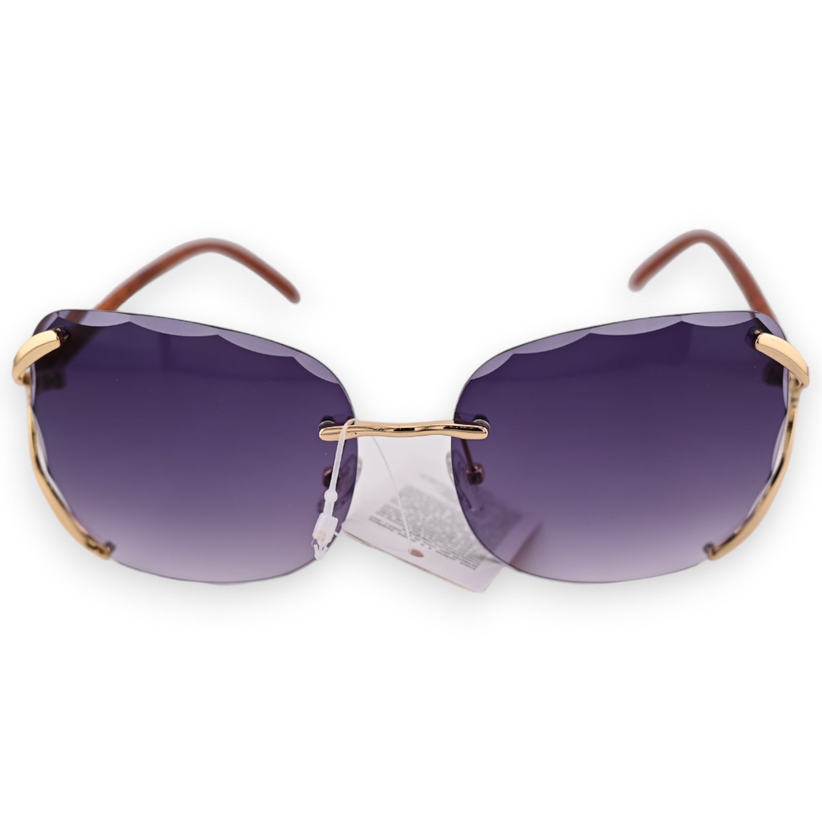 Elegante Sonnenbrille mit rahmenlosen, violett getönten Gläsern und goldenen Bügeln, modisches Accessoire