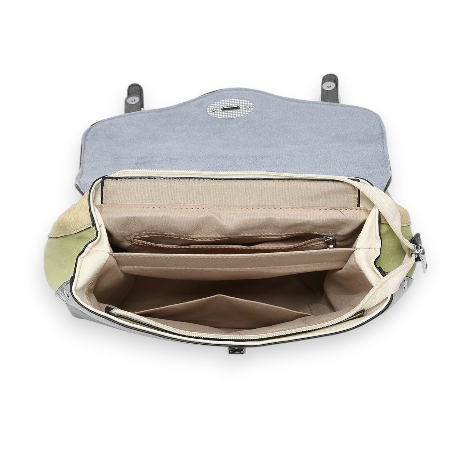 Geöffnete Handtasche in Pastellfarben mit mehreren Innenfächern, Reißverschluss und hellblauer Klappe mit Metallverschluss