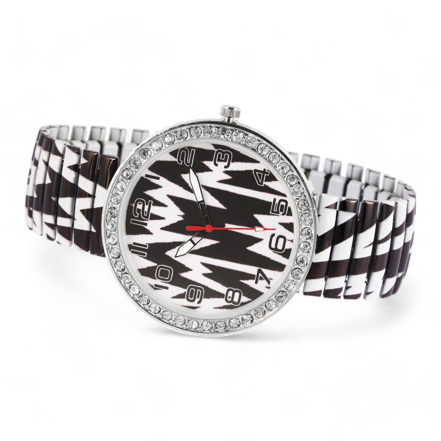 Stilvolle Damen-Armbanduhr mit Zick-Zack-Muster, Strass-Lünette und elastischem Schwarz-Weiß-Armband