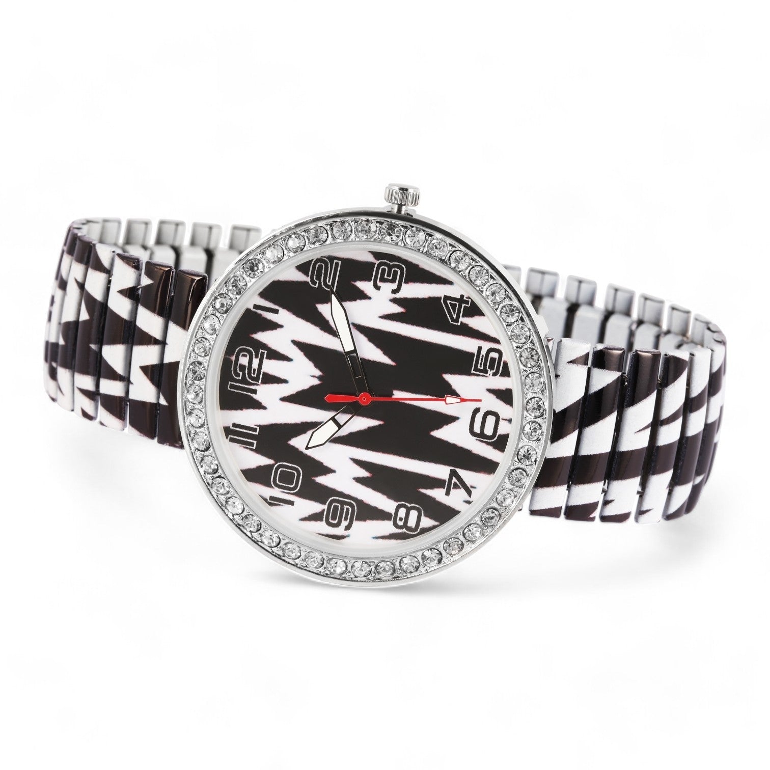 Stilvolle Damen-Armbanduhr mit Zick-Zack-Muster, Strass-Lünette und elastischem Schwarz-Weiß-Armband