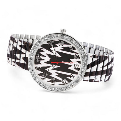 Stilvolle Damen-Armbanduhr mit Zick-Zack-Muster, Strass-Lünette und elastischem Schwarz-Weiß-Armband