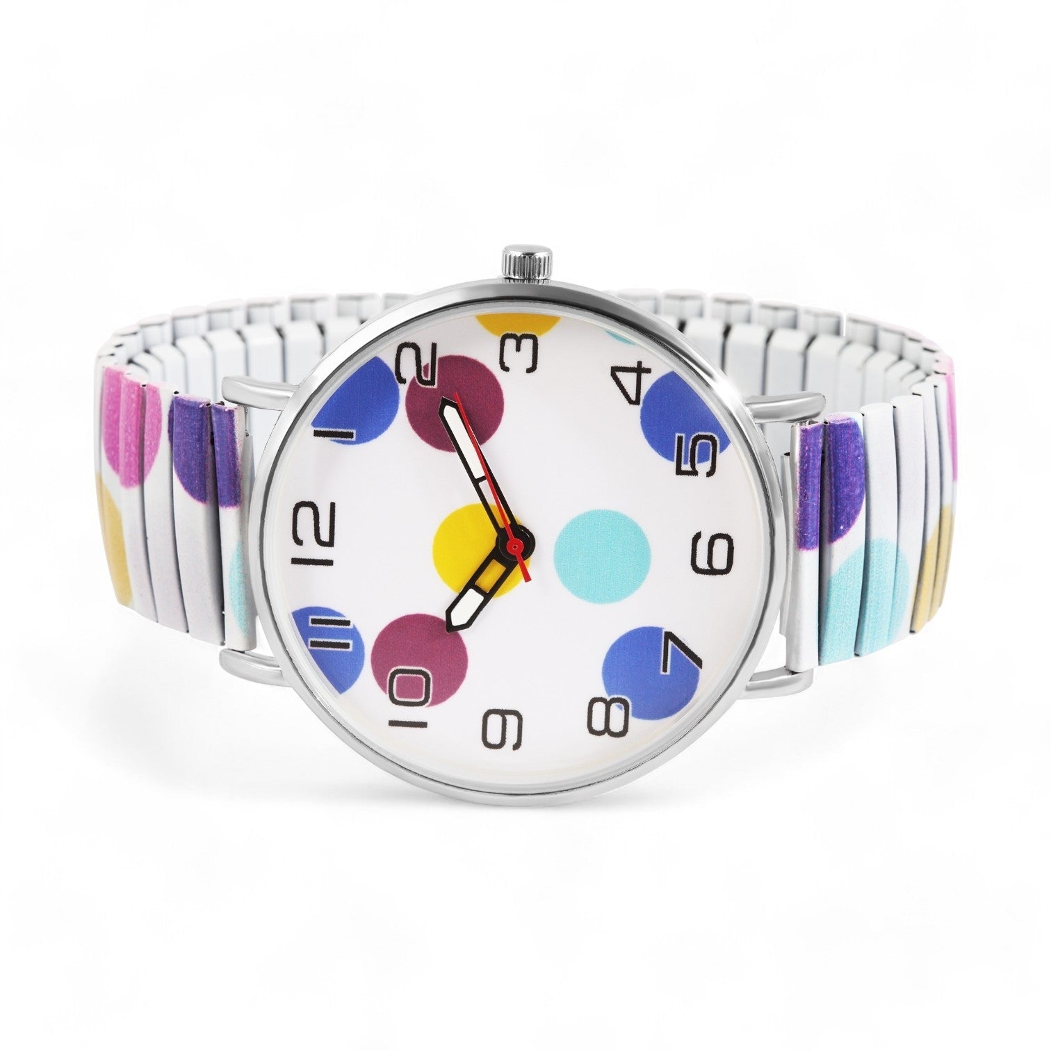 Bunte Damenuhr mit farbigen Punkten auf Zifferblatt und Armband, silbernes Gehäuse, moderne und verspielte Optik