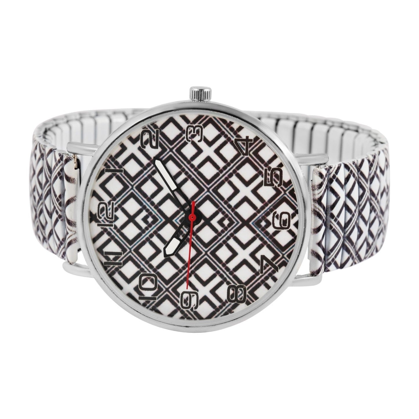 Elegante Damenuhr mit geometrischem Muster auf Zifferblatt und Armband, silberfarbenes Gehäuse und rote Zeiger