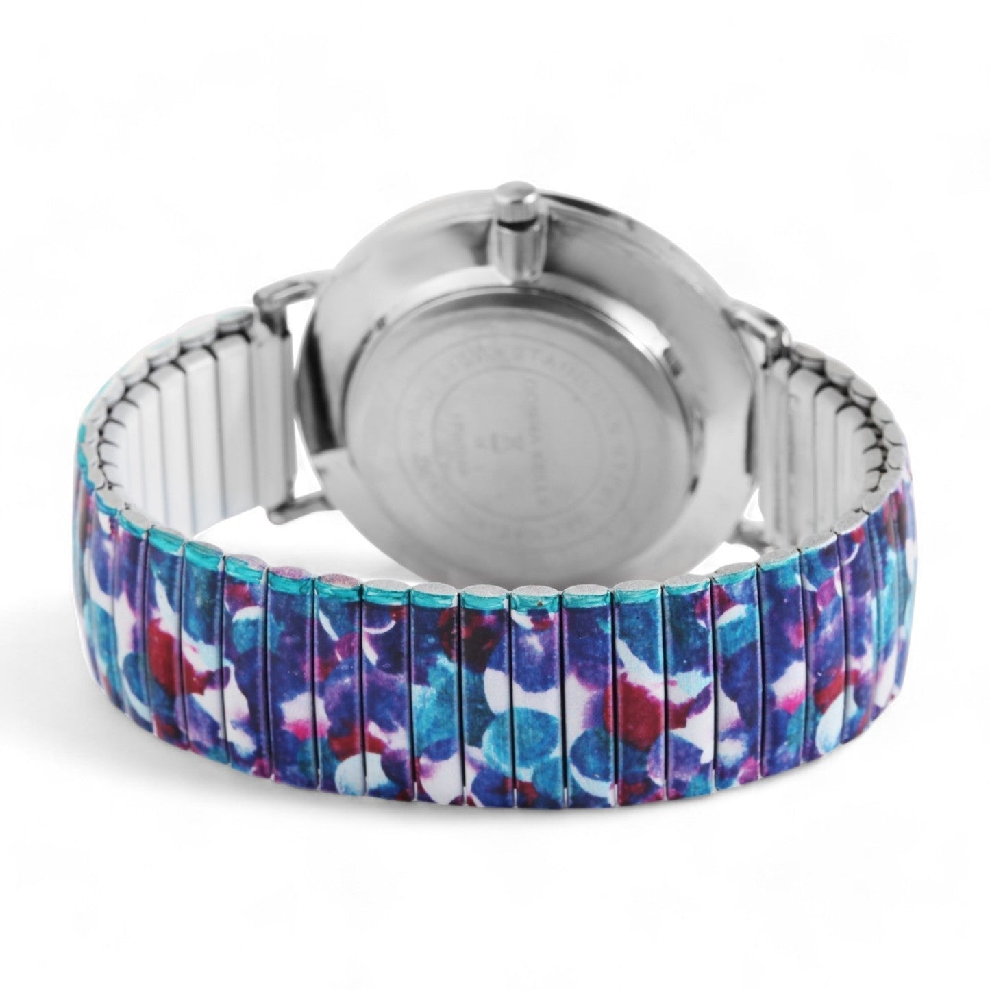 Silberne Armbanduhr mit buntem elastischem Armband in Blau, Lila und Rot, Galaxie-Muster, Rückansicht