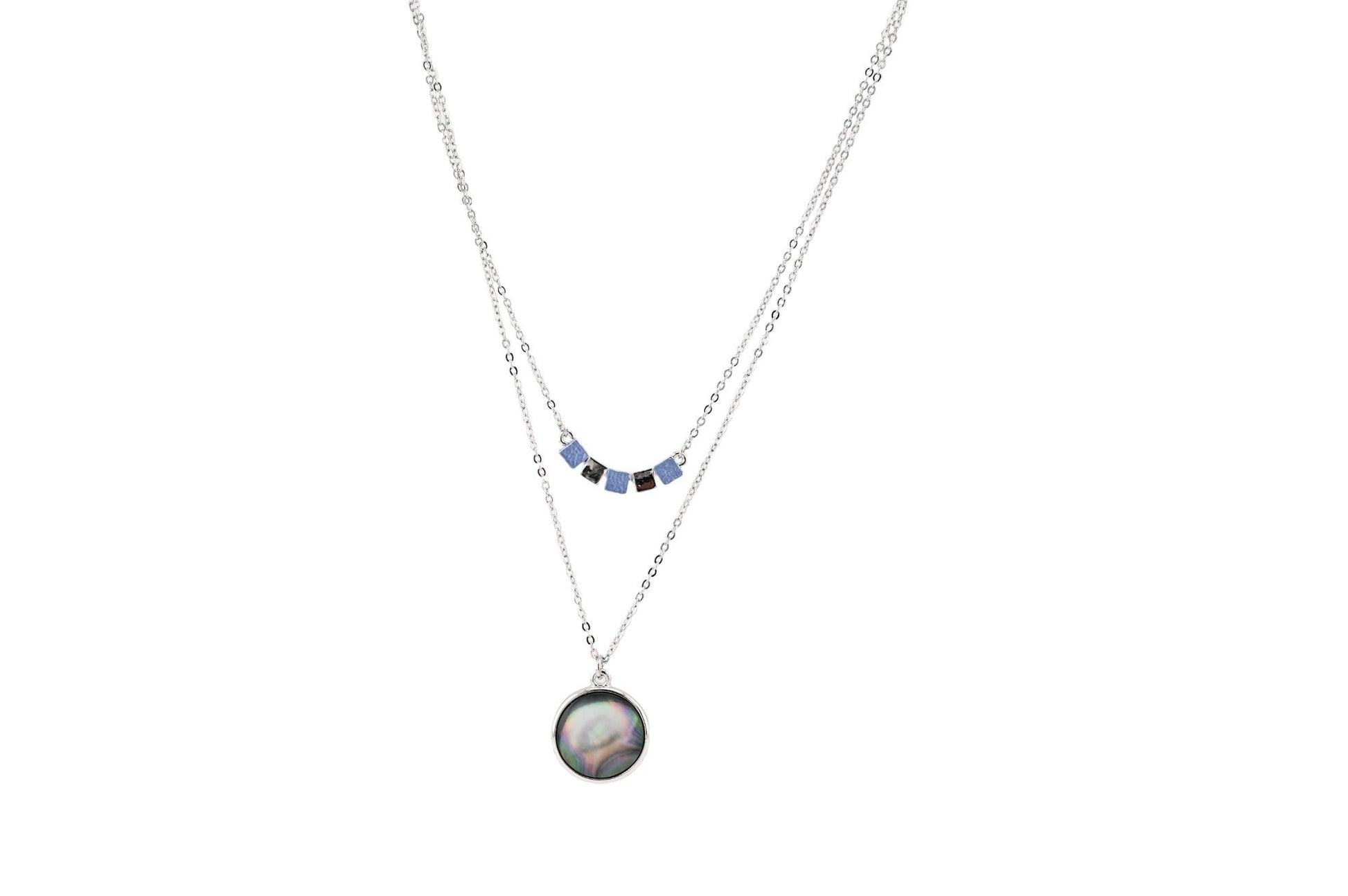 Doppelkette mit blauem Würfelanhänger und rundem Perlmuttanhänger, silberne Kette, eleganter Modeschmuck