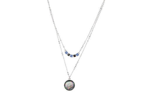 Doppelkette mit blauem Würfelanhänger und rundem Perlmuttanhänger, silberne Kette, eleganter Modeschmuck