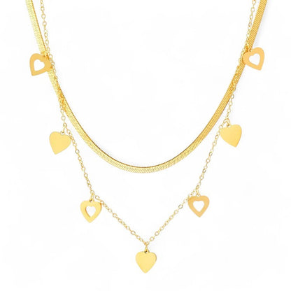 Doppelreihige vergoldete Halskette mit Herz-Anhängern, eine Kette schlicht, die andere mit fünf goldenen Herzen