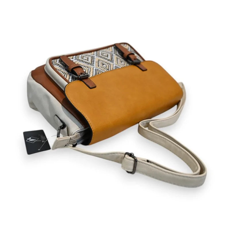 Dreifarbige Leder-Umhängetasche mit ethnischem Muster, Innentasche und verstellbarem Trageriemen