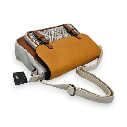 Dreifarbige Leder-Umhängetasche mit ethnischem Muster, Innentasche und verstellbarem Trageriemen