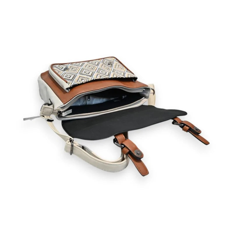 Dreifarbige Umhängetasche mit ethnischem Muster, geöffnet und zeigt das Innere und die Taschen