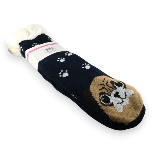 Warme Socken-Pantoffeln in Marineblau mit Hundemotiv und Pfotenmuster, flauschiger Schaft, für gemütliche Winterabende